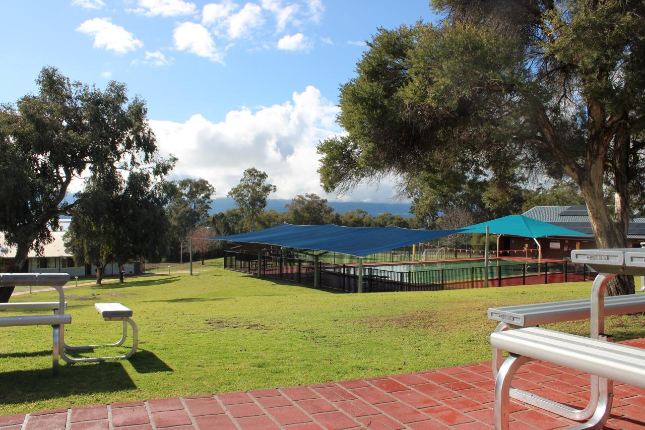 View from dining hall verandah overlooking pool